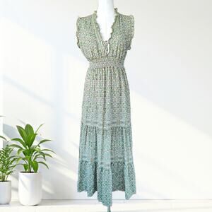 Max Studio Sleeveless Ruffle Neck Tiered Maxi Dress Medium Green Floral